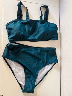 High Waisted Two Piece Bikini Set - Dark Teal Green (Size Small)